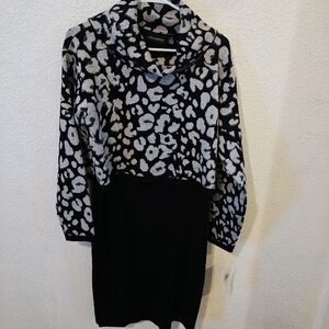 Nina Leonard Long Sleeve Black and Gray Patterned Dress
